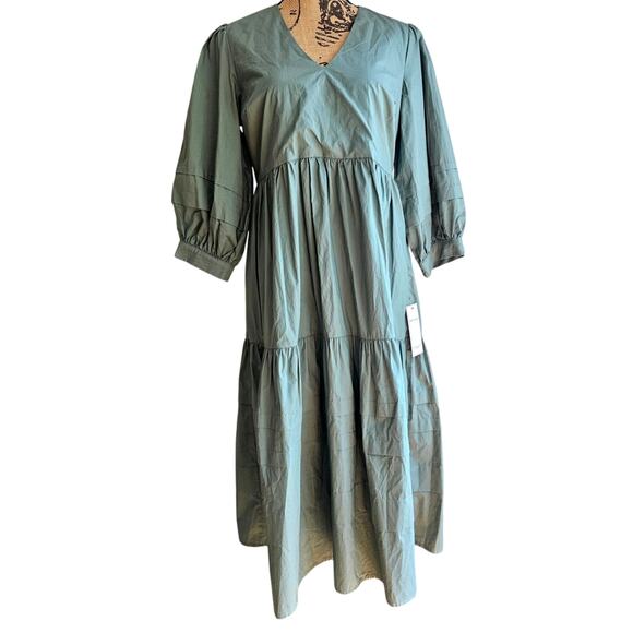 Aura Dress The Red Dress Oversized Babydoll Tiered V Neck Maxi -Green, Sz XS - Picture 2 of 10